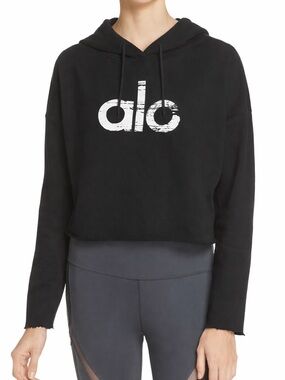 Alo Yoga Box Hoodie Cropped Raw Hem Logo Sz S Black EUC